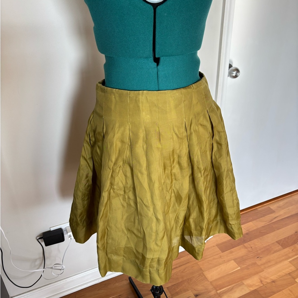 Anthropologie brand Fei Olive Green Women's Skirt, pleated silk overlay